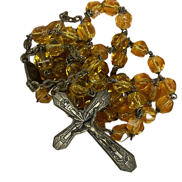 Vintage Amber glass bead crystal Crucifix necklace Catholic Rosalry religious - Picture 5 of 14